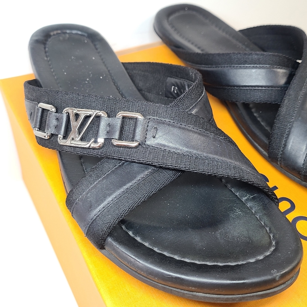 Authentic Louis Vuitton Men Black Cross Slides
